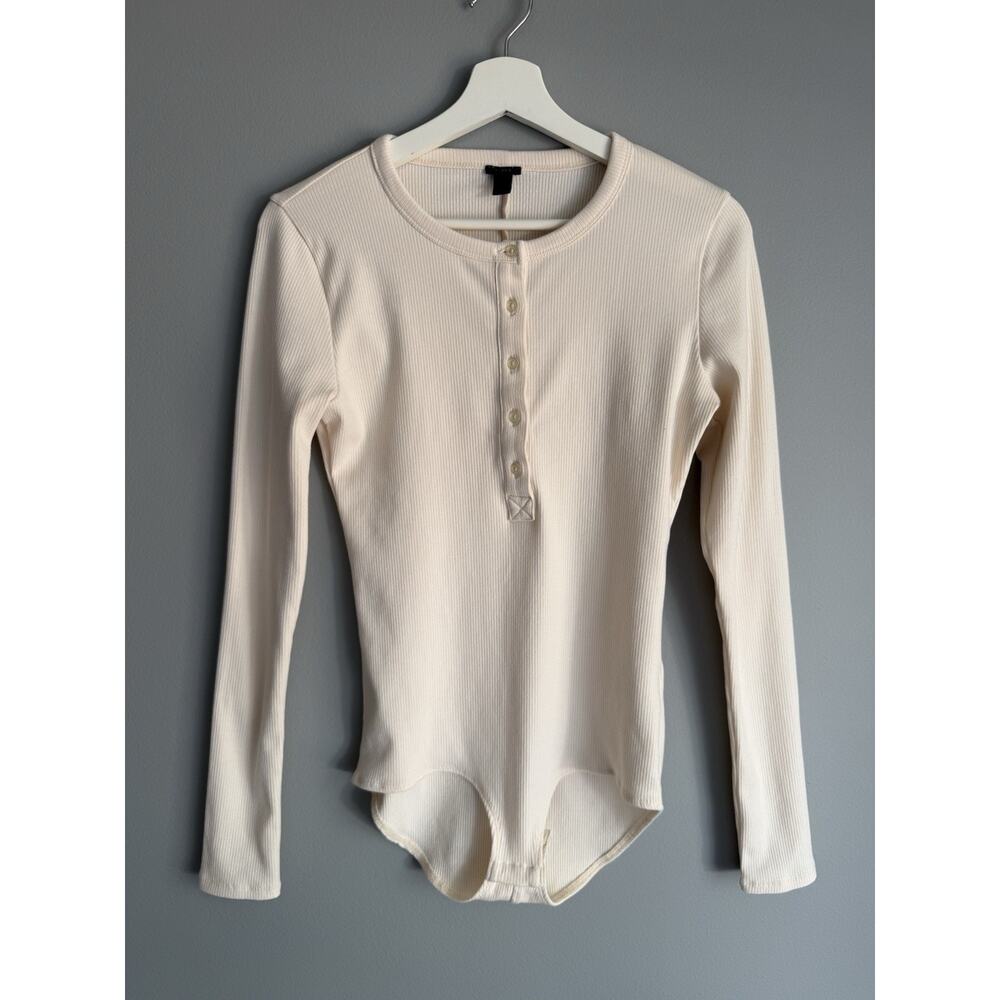 J.Crew Ribbed Henley Bodysuit Medium Cream Long Sleeve Button Front Stretch Top